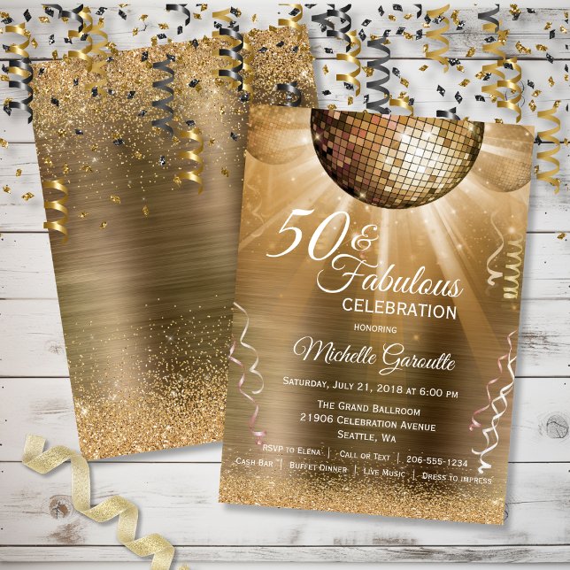 Guld Glitter Glam 50 och Fabulous Disco Boll Inbjudningar (Gold Glitter Glam 50 and Fabulous Disco Ball Invitation)