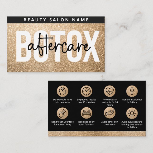 Guld Glitter Glam Botox Eftervårdsguide Visitkort (Fram/baksida)