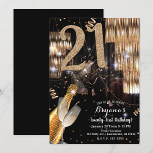 Guld Glitter Glam Champagne Vin 21-års 21 Födelsed Inbjudningar