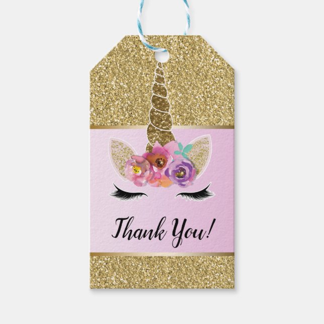 Guld Glitter Glam Enhörning Blommig Rosa Partygåva Presentetikett (Framsidan)