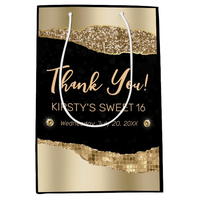 Guld Glitter Glam Kant & Diamanter Sweet 16  (Framsidan)