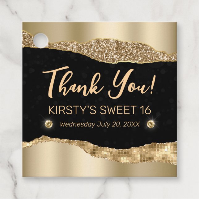 Guld Glitter Glam Kant och Diamonds Sweet 16 Gåvor Etiketter (Framsida)