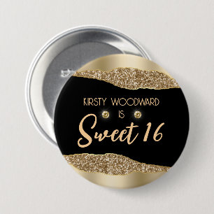 Guld Glitter Glam Kant och Diamonds Sweet 16 Knapp