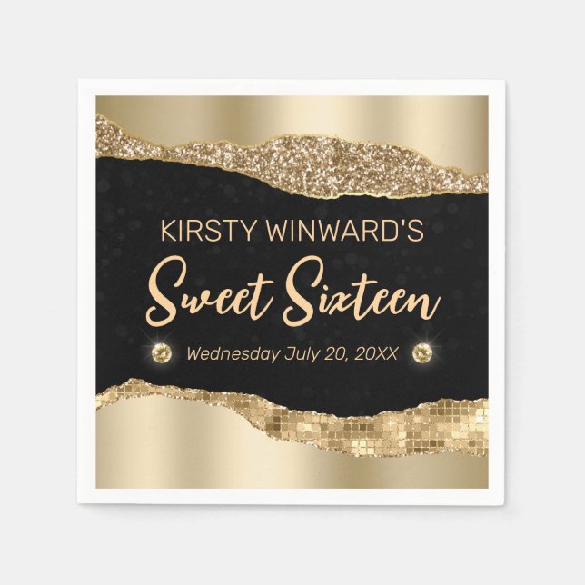 Guld Glitter Glam Kant och Diamonds Sweet 16 Pappersservett (Framsidan)
