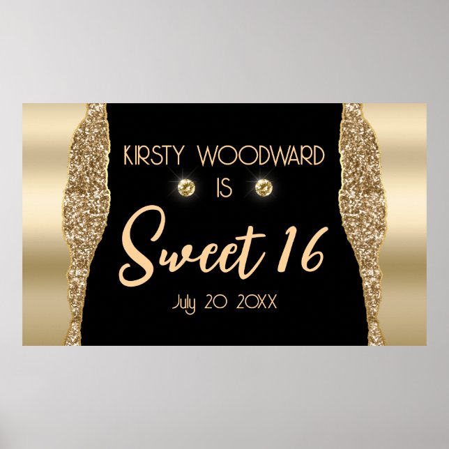 Guld Glitter Glam Kant och Diamonds Sweet 16 Poster (Framsidan)