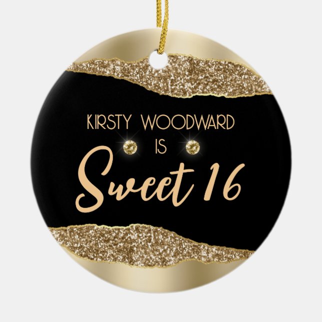 Guld Glitter Glam Kanten & Diamanter Sweet 16 Julgransprydnad Keramik (Framsidan)