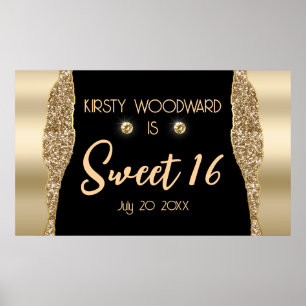 Guld Glitter Glam Kanten & Diamanter Sweet 16 Poster