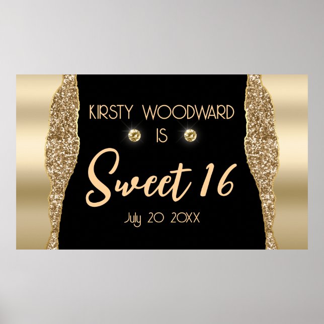 Guld Glitter Glam Kanten & Diamanter Sweet 16 Poster (Framsidan)
