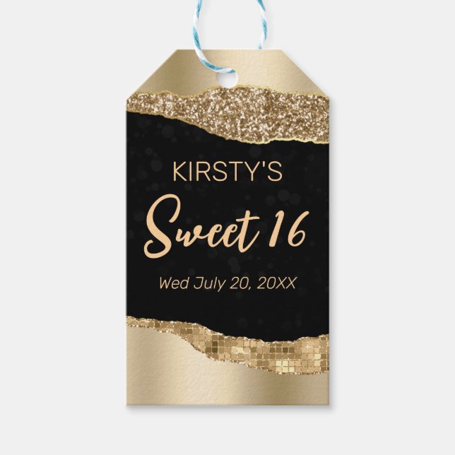 Guld Glitter Glam Kanten & Diamanter Sweet 16  Presentetikett (Framsidan)