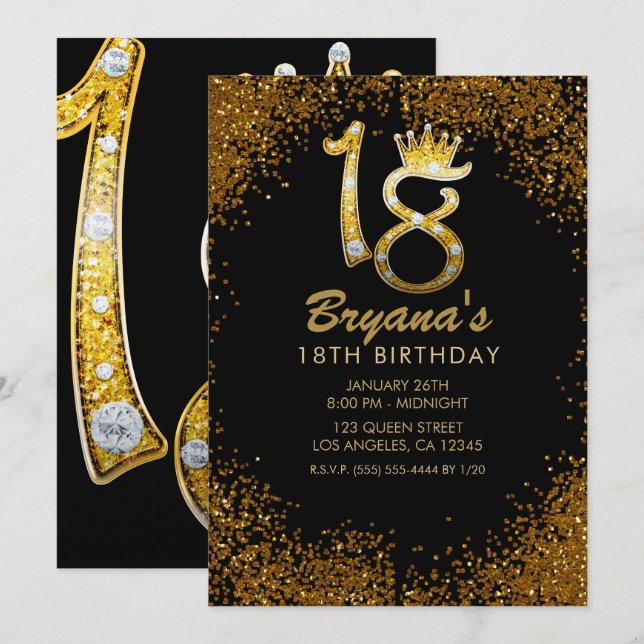 Guld Glitter Glam Krona Diamant Bling 18:e 18 Inbjudningar (Fram/baksida)