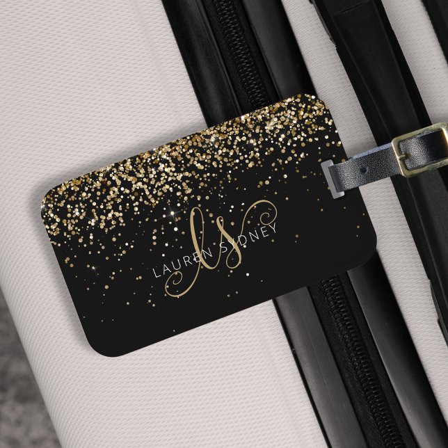 Guld Glitter Glam Monogram Namn Bagagebricka (Skapare uppladdad)