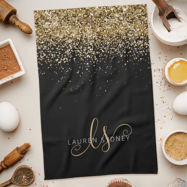 Guld Glitter Glam Monogram Namn Kökshandduk (Skapare uppladdad)