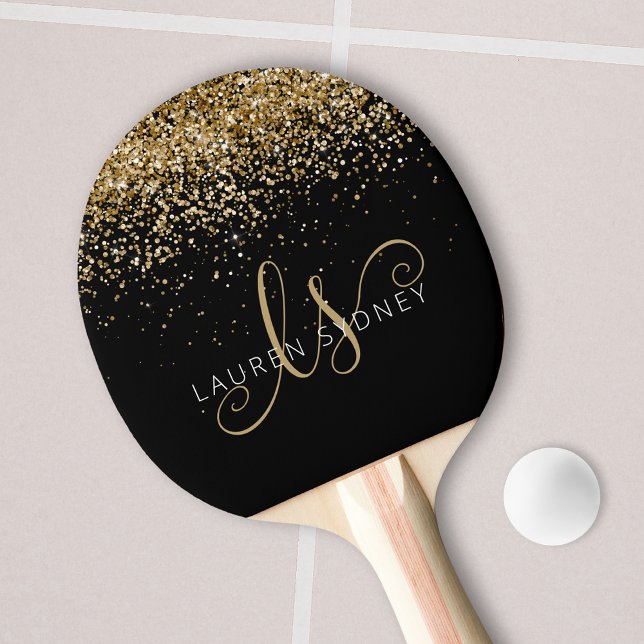 Guld Glitter Glam Monogram Namn Pingisracket (Skapare uppladdad)