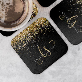 Guld Glitter Glam Monogram Namn Underlägg Papper Kvadrat