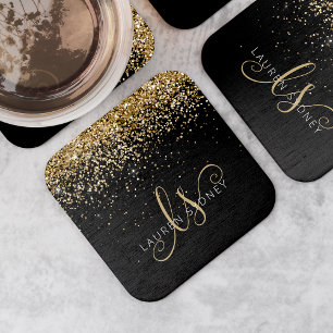 Guld Glitter Glam Monogram Namn Underlägg Papper Kvadrat