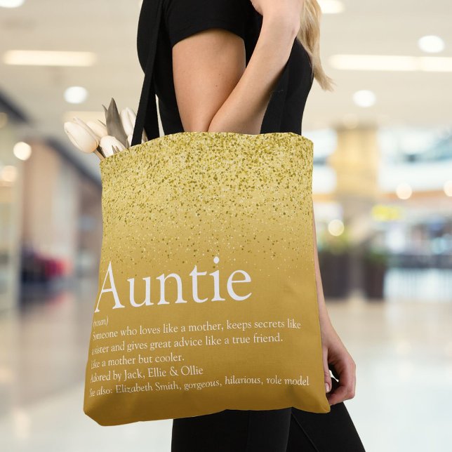 Guld Glitter Glam Roligt Coola Moster Auntie Defin Tygkasse (Gold Glitter Glam Fun Cool Aunt Auntie Definition Tote Bag)