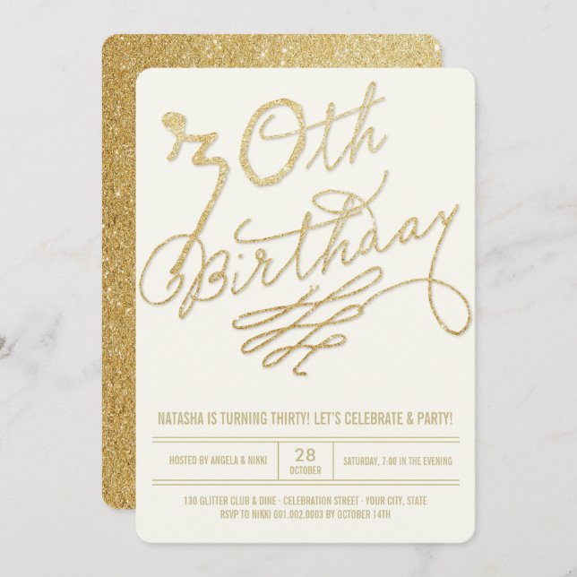 Guld Glitter Glam Vuxen 30års födelsedag Party Inb Inbjudningar (Fram/baksida)