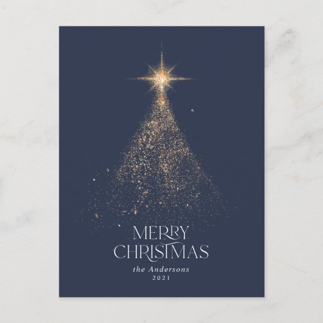 Guld glitter glans blå modern jul firande helg vykort (Framsida)