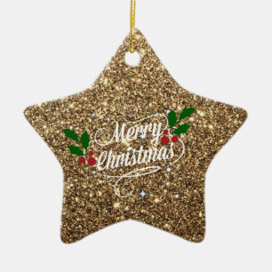 Guld glitter, glänsande och mousserande, God jul Julgransprydnad Keramik