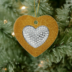 Guld glitter glatt hjärta julgransprydnad keramik
