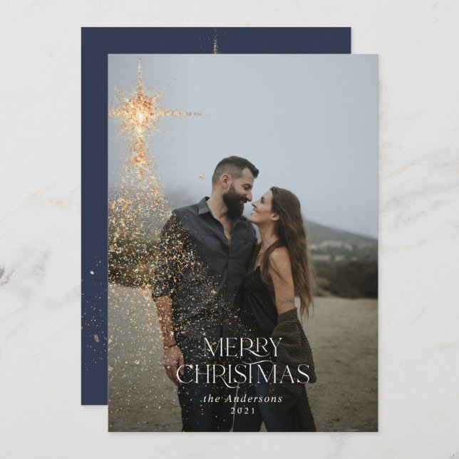 Guld glitter gnistra blått modern Helgdag Julkort (Fram/baksida)