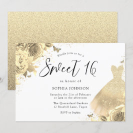 Guld Glitter Gnistra Dress Blommigt Sweet 16 Party Inbjudningar