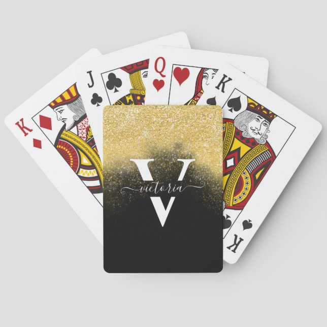 Guld Glitter Gnistra Elegant Monogram Black Anpass Casinokort (Baksidan)