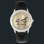 Guld Glitter Gnistra Eyelash Monogram Namn Armbandsur<br><div class="desc">Guld Faux Foil Metallic Gnistra Glitter Brushed Metall Monogram Namn och initiala Eyelash (Lash),  Eyelash Extensions och Ögon Makeup Watch. Det gör perfekten söt 16-årsjubileum,  bröllop,  möhippa,  årsdag,  babydusch eller bachelorette-festgåva till någon som dekorerar hennes rum i trendiget coola stil.</div>