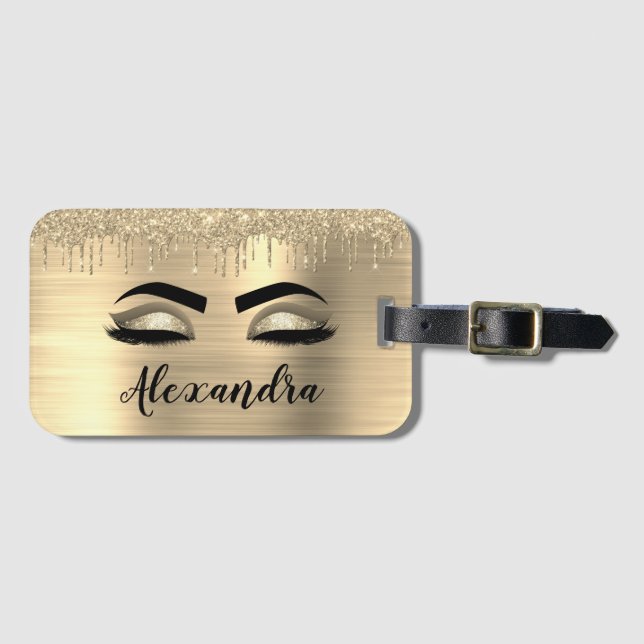 Guld Glitter Gnistra Eyelash Monogram Namn Bagagebricka (Framsida horisontal)