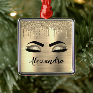 Guld Glitter Gnistra Eyelash Monogram Namn Julgransprydnad Metall