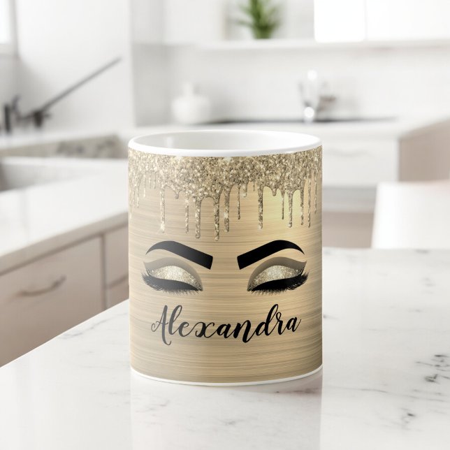 Guld Glitter Gnistra Eyelash Monogram Namn Kaffemugg (Skapare uppladdad)