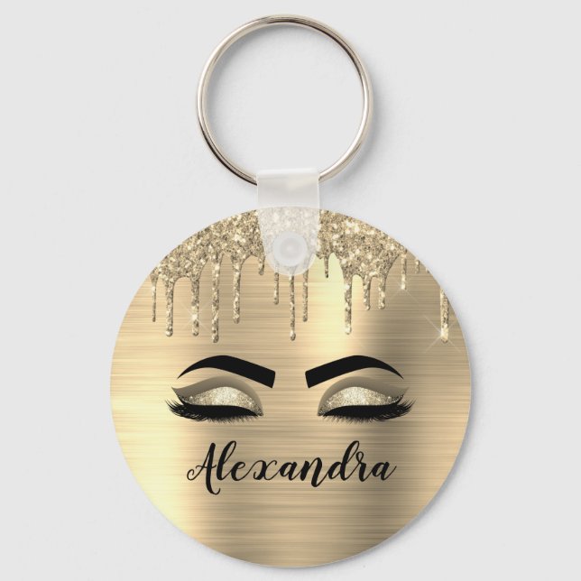 Guld Glitter Gnistra Eyelash Monogram Namn Nyckelring (Framsida)