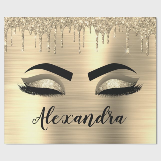 Guld Glitter Gnistra Eyelash Monogram Namn Presentpapper (Platt)