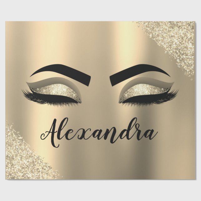 Guld Glitter Gnistra Eyelash Monogram Namn Presentpapper (Platt)