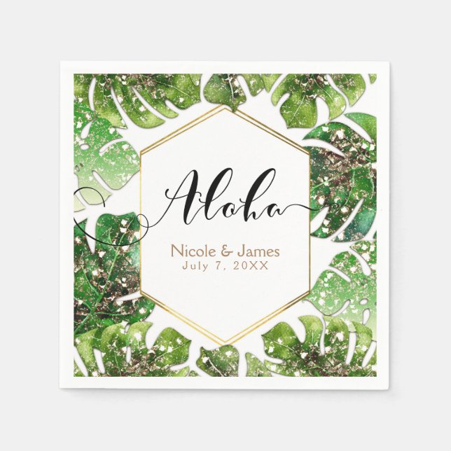 Guld Glitter Gnistra Glam Tropical Löv Bröllop Pappersservett (Framsidan)