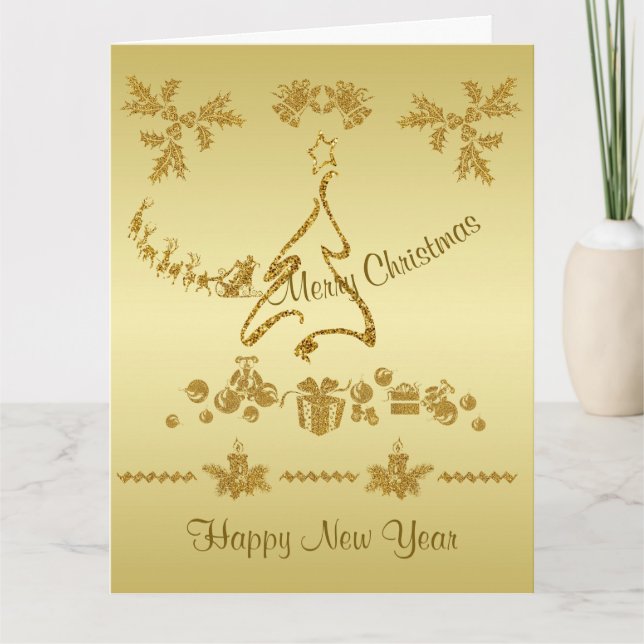 Guld Glitter God jul, Jultomten vid guld Kort (Framsida)