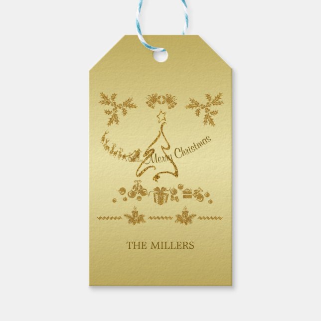 Guld Glitter God jul, Jultomten vid guld Presentetikett (Framsidan)