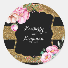 Guld- glitter görar randig, och rosan blommar runt klistermärke