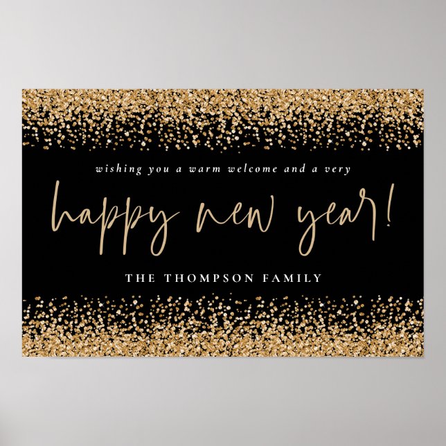 Guld Glitter Gott Nytt År Namn Svart Utskrivbart Poster (Framsidan)