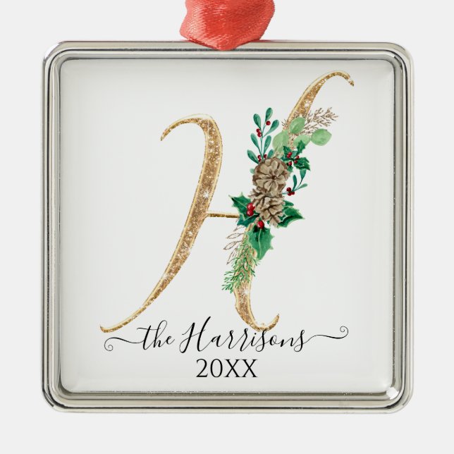 Guld Glitter Gräs Cone Holly jul Monogram H Julgransprydnad Metall (Framsidan)