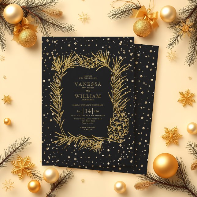 Guld glitter gräs, konetti svartvinter-bröllop inbjudningar (Skapare uppladdad)
