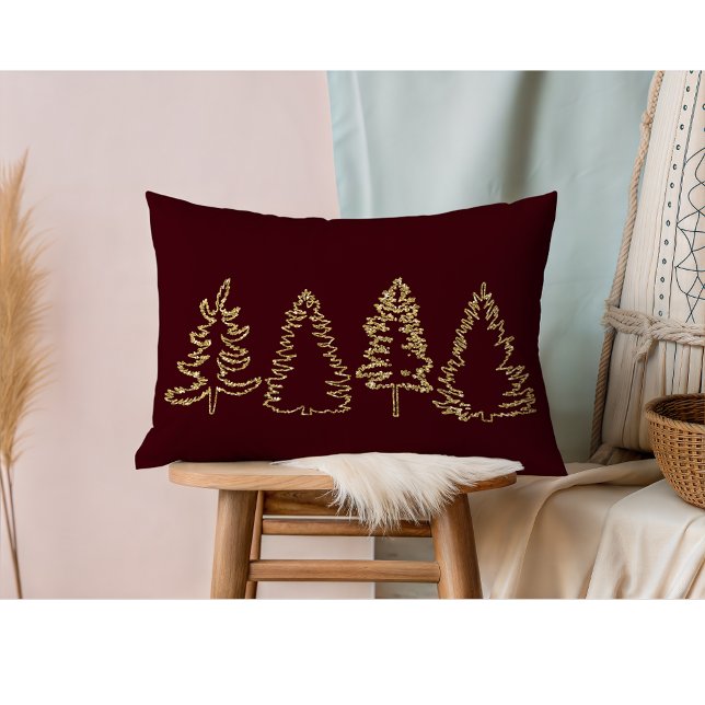 Guld Glitter Gräs Träd, Burgundy Lumbarkudde (Gold Pine Trees I Burgundy Lumbar Pillow)
