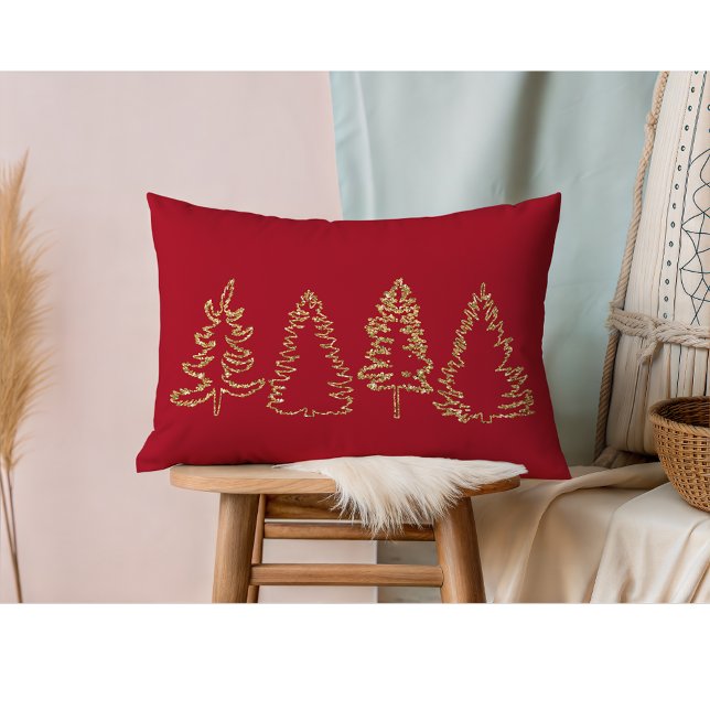 Guld Glitter Gräs Träd, Julrött, Lumbarkudde (Gold Pine Trees I Christmas Red Lumbar Pillow)