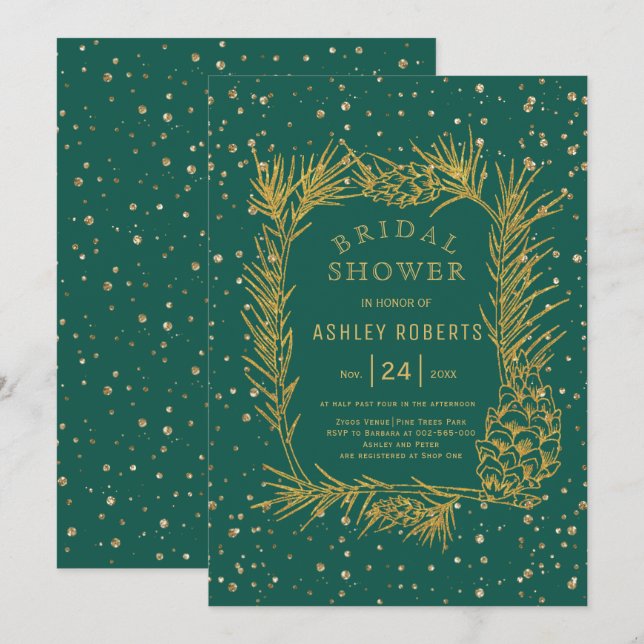 Guld glitter gräs, vintergrön vintermöhippa, inbjudningar (Fram/baksida)