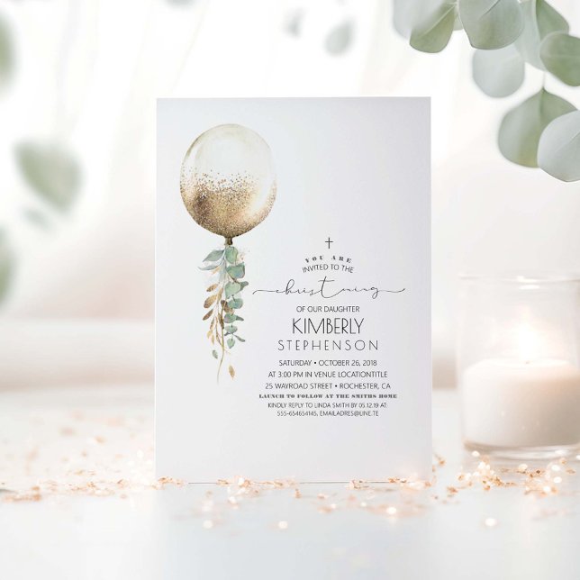 Guld Glitter Greenery Balloon Elegant Christening Inbjudningar (Greenery Garland Balloon Christening Invitations)
