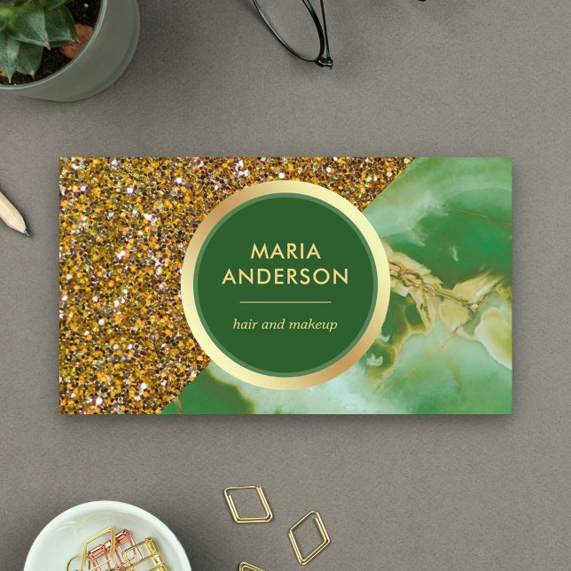 Guld Glitter Grön Marmor Hår Salong Smink Artist Visitkort (Skapare uppladdad)