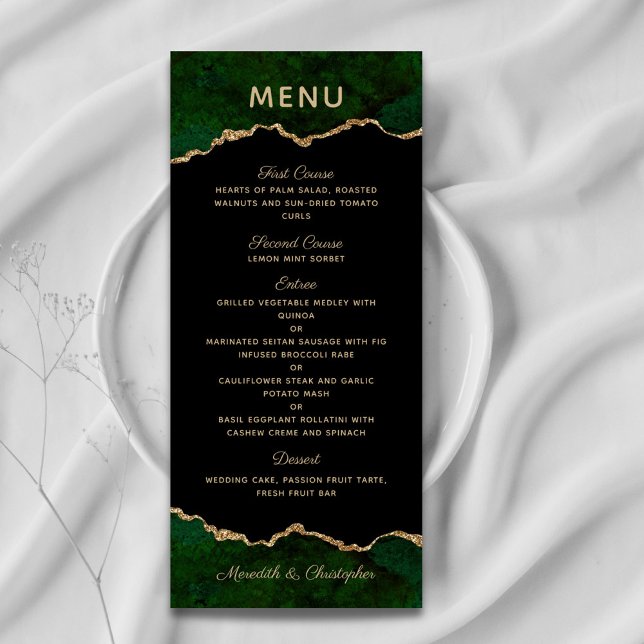 Guld Glitter Grönt Agate Bröllop Menu Meny (Skapare uppladdad)