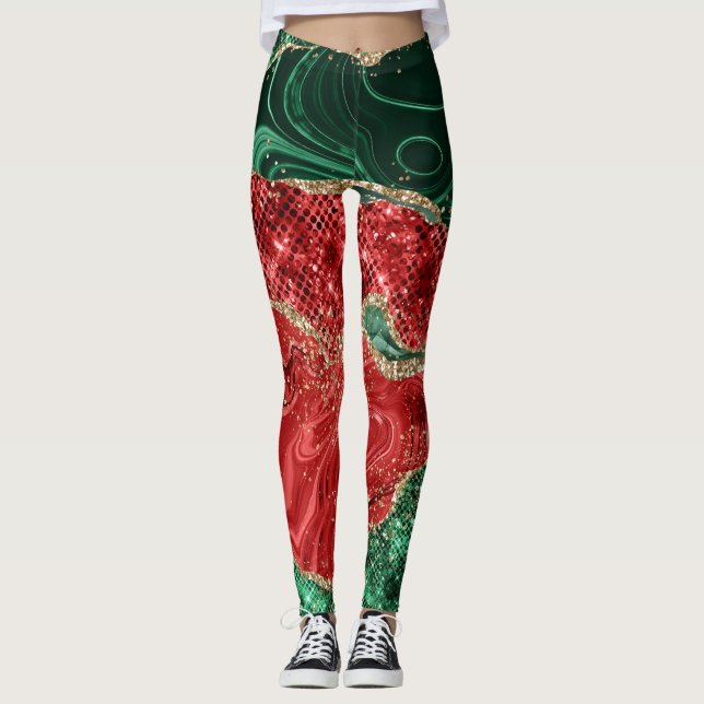 Guld Glitter Grönt och Red Glam jul Mönster Leggings (Framsida)