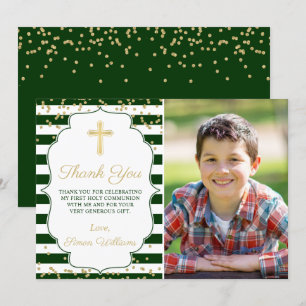 Guld Glitter Grönt stripe första kommunfoto Tack Kort