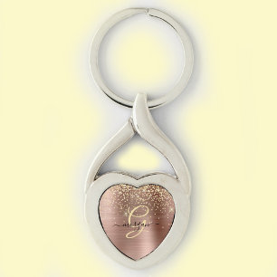 Guld Glitter, Guld Monogram, svart Namn Twisted Heart Silverfärgad Nyckelring